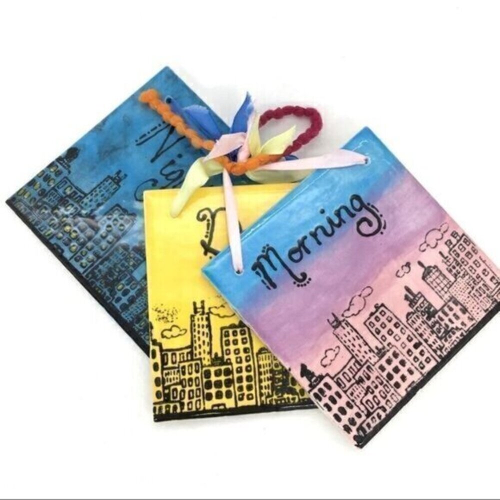 City Skyline Hand Painted Tiles Morning, Day and Night Set of (3)